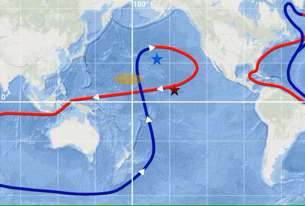 Modern deep-ocean currents in the Pacific with the investigated crusts’ locations indicated. Image: Dominik Koll/Map generated with Esri, GEBCO, Garmin, NaturalVue.